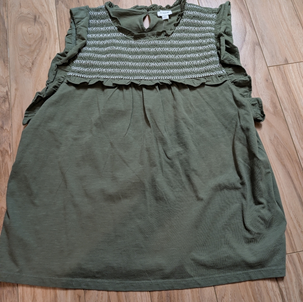 J. Crew Factory Olive Green Smocked Ruffle Sleeve Blouse